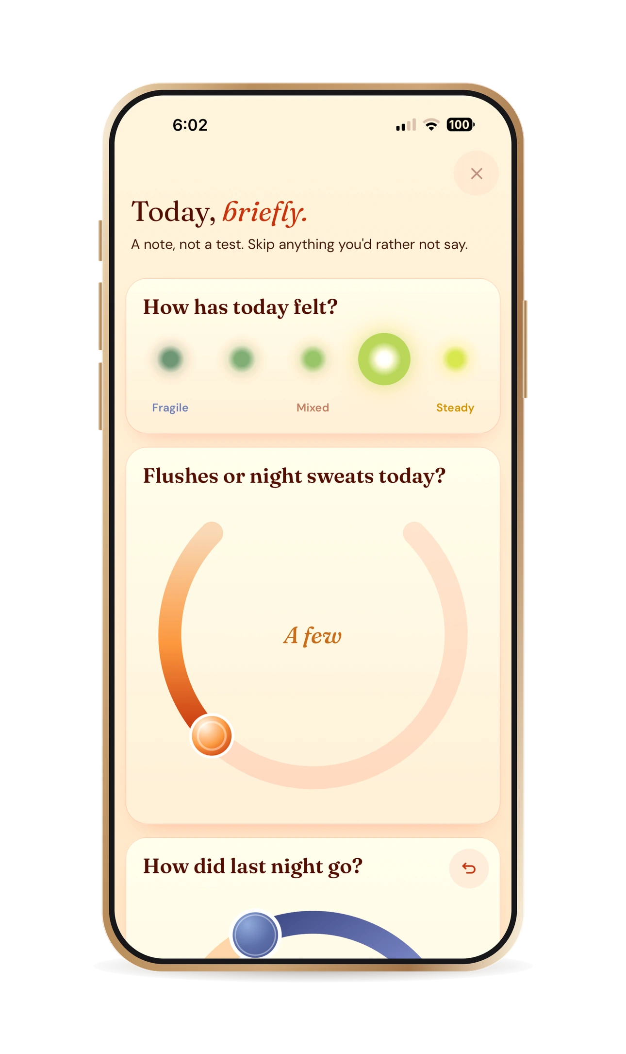 Threshold on a phone, showing the daily note — how today felt, and a dial for flushes or night sweats