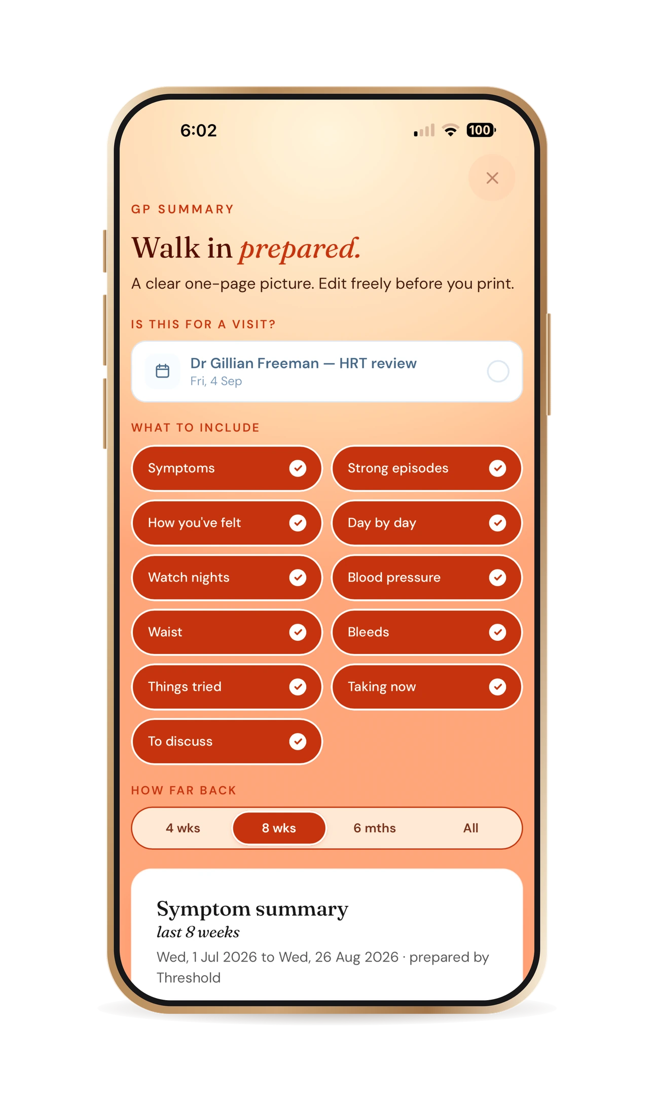Threshold on a phone, showing the GP summary — what to include, how far back, and the summary underneath