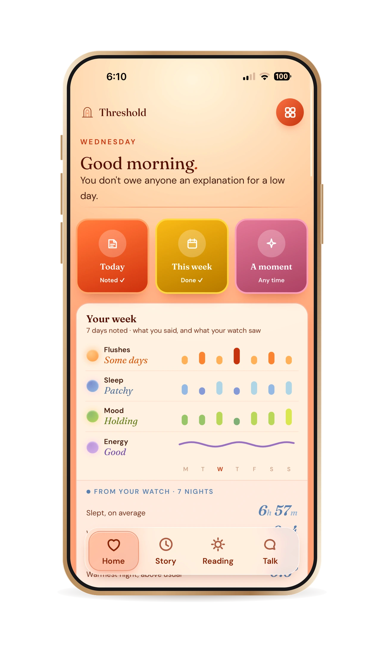 Threshold's home screen β the greeting, the three ways in, and your week at a glance