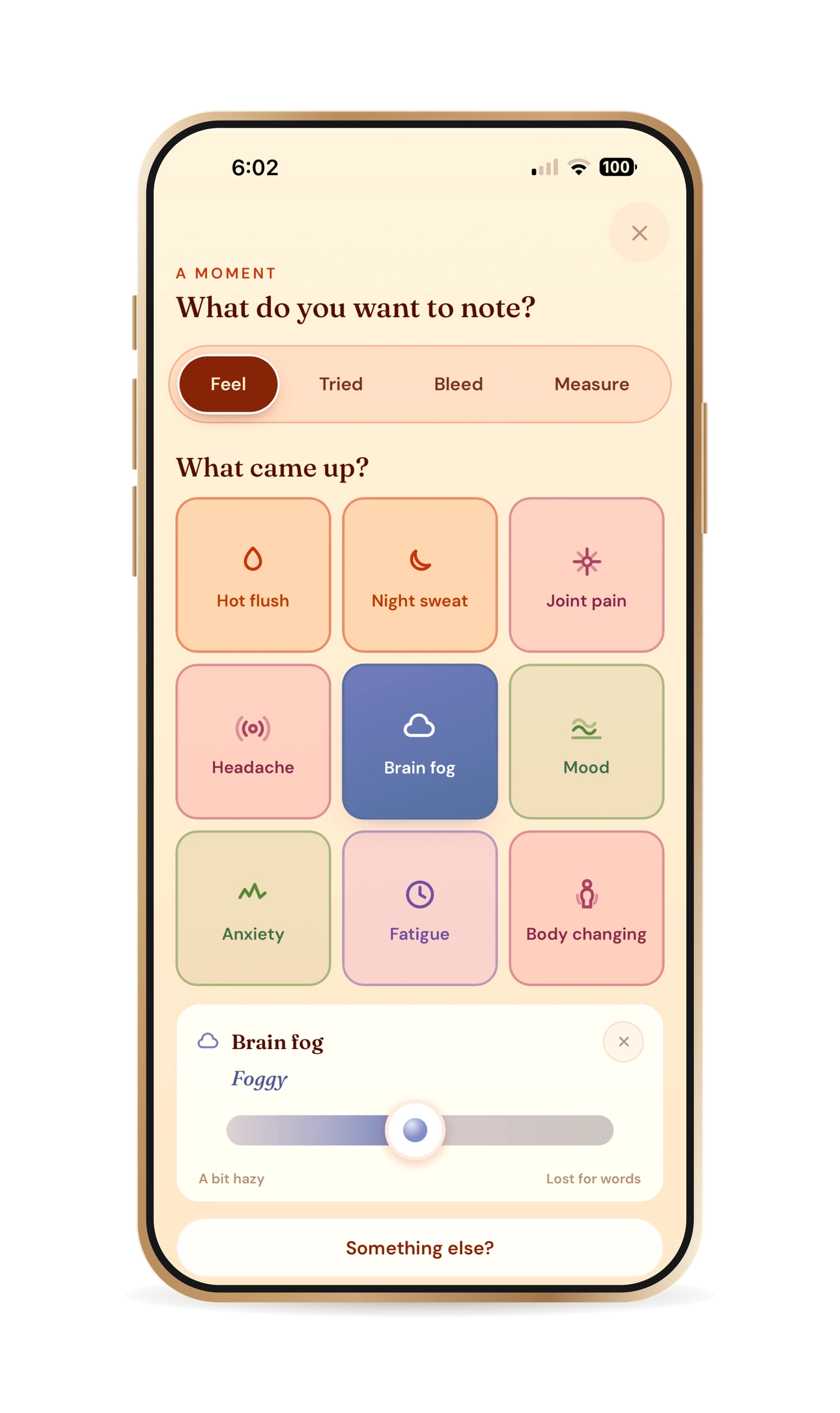 Threshold on a phone, logging a moment — symptom tiles with brain fog chosen, and a slider for how strong it felt